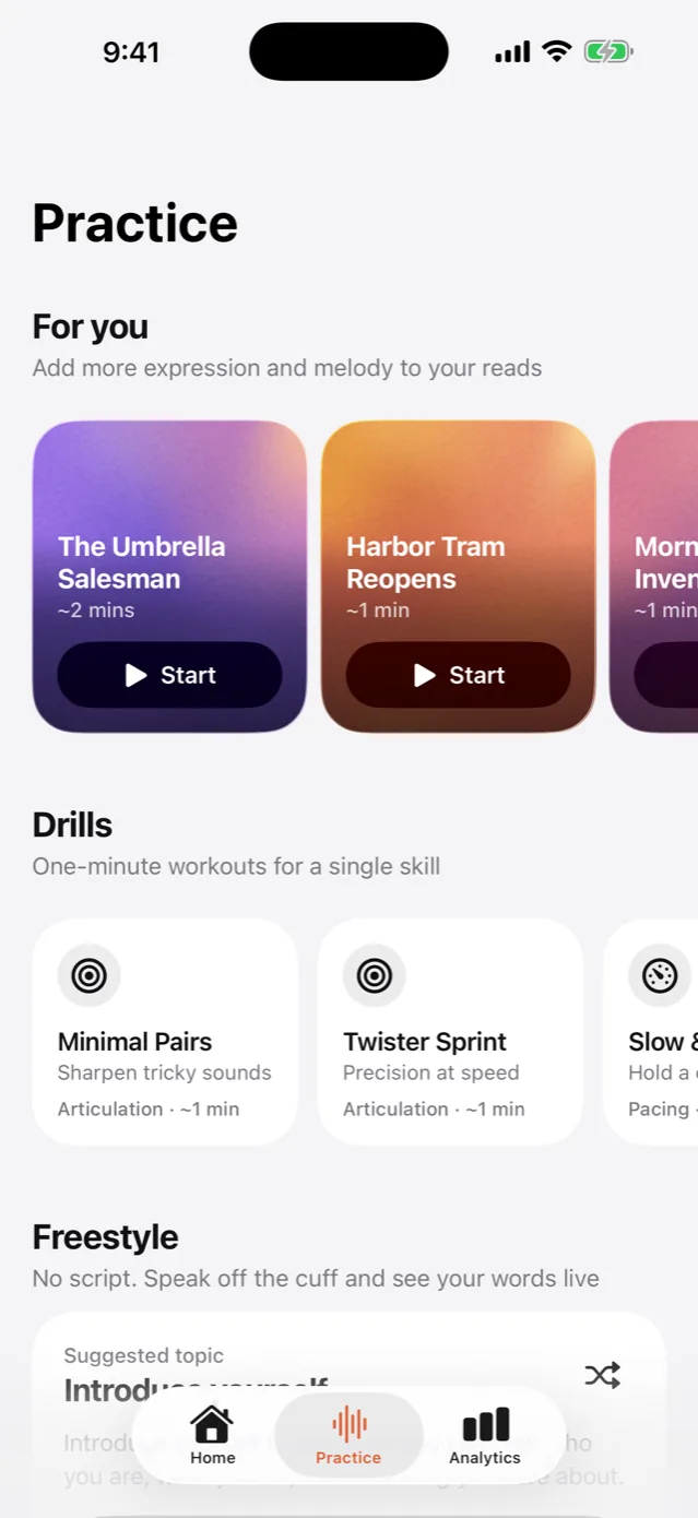 The Better Voice practice library: suggested passages, one-minute drills for a single skill, and freestyle topics to speak on without a script.